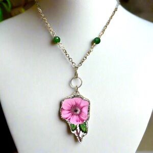 Old Country Rose Broken China Pendant Silver Bezel & Green Aventurine Necklace